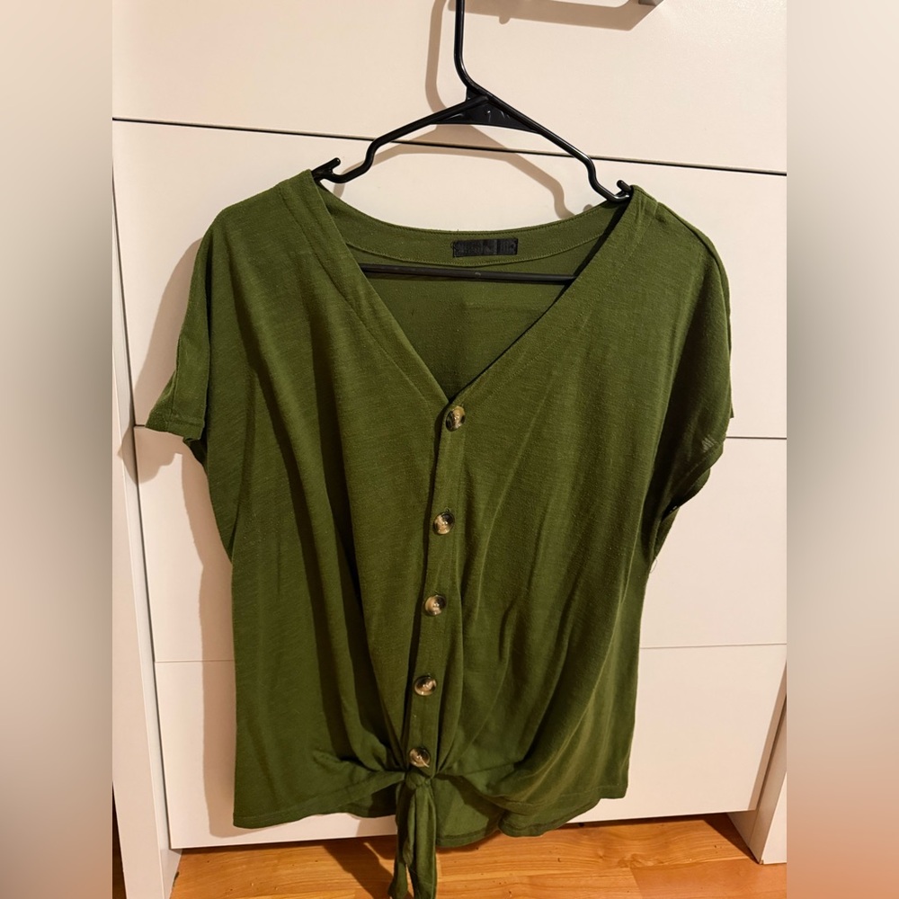 Green Button-Down Tie-Front Top